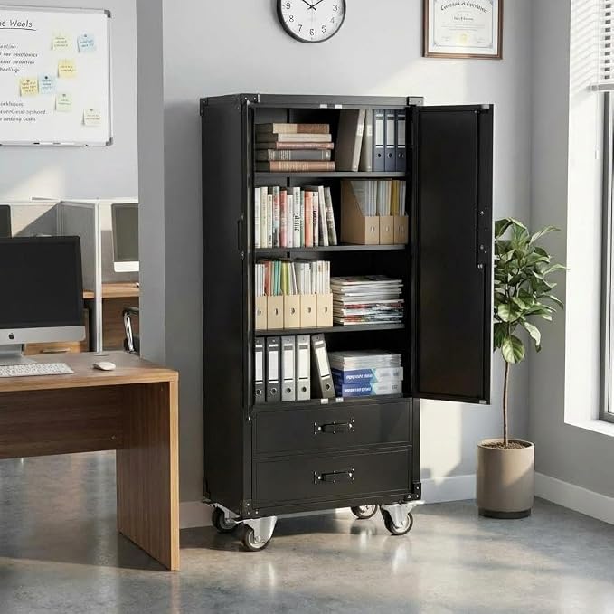 71" Heavy-Duty Metal File Cabinet with Lockable Drawers & Doors, Adjustable Shelves for Letter/Legal/F4/A4 Size, Easy Assembly for Home Office Garage Storage Cabinet, Black