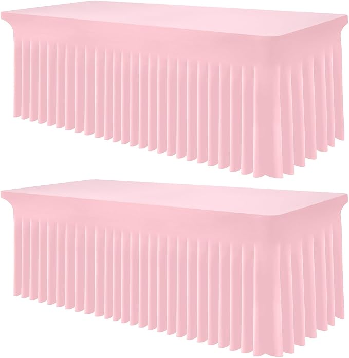 Smiry 2 Pack Spandex Elastic Fitted Table Cloth Skirt for 8FT Table | Stretch Washable Table Cloth, Banquet Table Cover for Wedding, Party, Indoor & Trade Shows, (Pink, 96Lx30Wx30H)