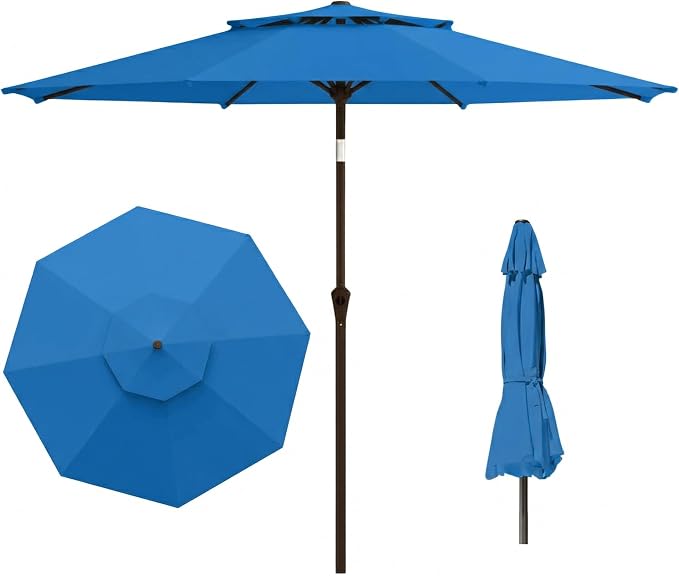 10FT Outdoor Patio Umbrella, 2 Tiers Market Table Umbrella with 8 Sturdy Ribs, Push Button Tilt and Crank, UPF50+ UV Protection for Deck, Pool, Garden and Backyard