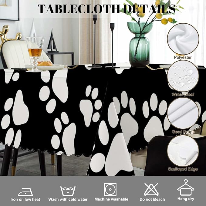 Swono Decorative Rectangle Table Cloth Dog Paw, Cat Footprint Dog Paw Prints Black White Polyester Tablecloth Kitchen Table Cover for Dining BBQ Picnic Coffee Table 50x72, 4-6 Seats