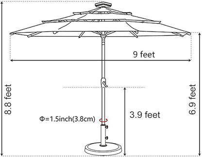 EliteShade USA 10-Year-Non-Fading 9ft 3-Tier Market Patio Umbrella, Commercial Table Umbrella with 80 Solar LED Lights, Crank Open, Windproof & UPF 50+ UV Protection for Garden, Deck, Pool, Backyard, Chestnut