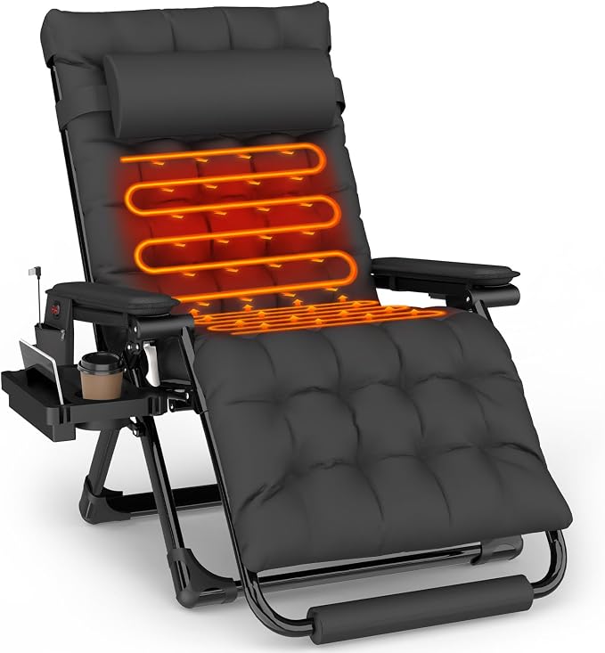 Slendor Heated Oversized Zero Gravity Chairs 33In, XXL Lounge Chair, Black | Anti Gravity Recliner with 3 Heat Levels for Back & Seat, Headrest & Cup Holder, Folding, Supports 500lbs, (Battery Not)