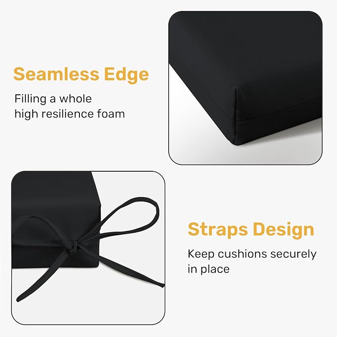 UNIKOME Outdoor Chair Cushions Pack of 4, Water Resistant Patio Cushions with Ties, High Density Sponge Filling Square Corner Seat Cushions for Outdoor Furniture, 19"*19"*3", Black