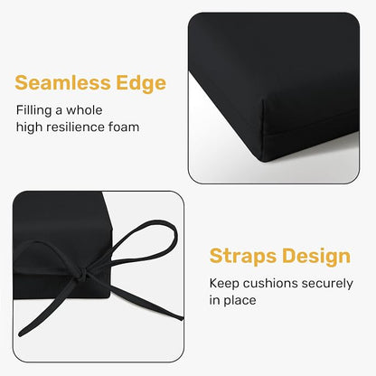 UNIKOME Outdoor Chair Cushions Pack of 4, Water Resistant Patio Cushions with Ties, High Density Sponge Filling Square Corner Seat Cushions for Outdoor Furniture, 19"*19"*3", Black
