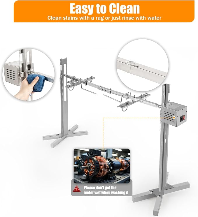 56-Inch BBQ Rotisserie Kit, Stainless Steel BBQ Rotisserie with 5 Height Adjustments, 360° Motorized Spit for Outdoor Camping, 88lbs Capacity, Portable Grill Stand