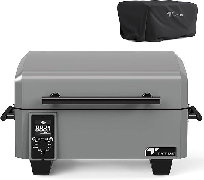 TYTUS Tabletop Pellet Smoker and Cover, 285 Sq. In Cooking Area between Main & Warming Rack, Digital Temp Dial, Electric Start with Porcelain Enameled Steel Grates