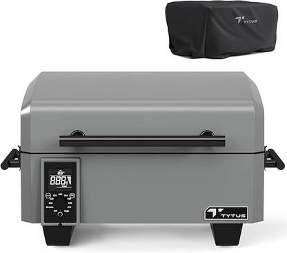 TYTUS Tabletop Pellet Smoker and Cover, 285 Sq. In Cooking Area between Main & Warming Rack, Digital Temp Dial, Electric Start with Porcelain Enameled Steel Grates
