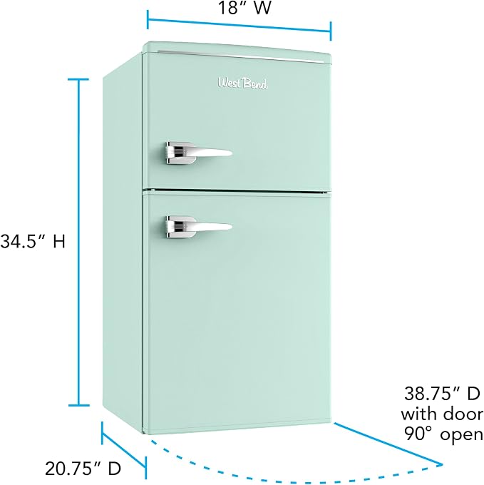 West Bend Mini Fridge with Freezer for Bedroom, Office, Bar or Dorm Room, Retro Compact Refrigerator features Glass Shelves, Manual Defrost and Adjustable Temperature Control, 3.1-Cu.Ft., Green