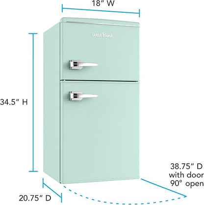 West Bend Mini Fridge with Freezer for Bedroom, Office, Bar or Dorm Room, Retro Compact Refrigerator features Glass Shelves, Manual Defrost and Adjustable Temperature Control, 3.1-Cu.Ft., Green