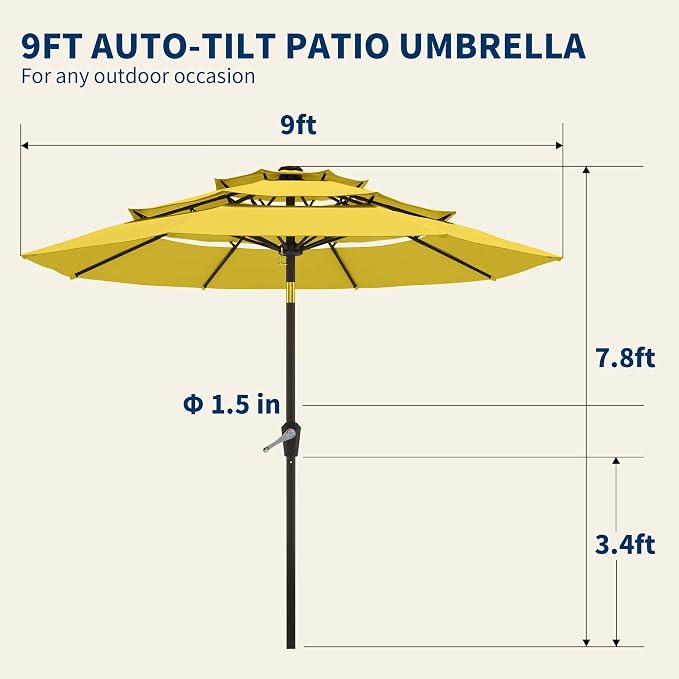9FT 3 Tiers Patio Umbrella With Auto Tilt And Crank, Outdoor Table Market Umbrella with 8 Sturdy Ribs for Garden, Lawn, Deck, Backyard and Pool