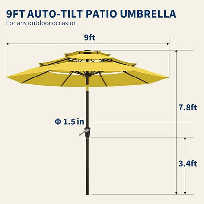 9FT 3 Tiers Patio Umbrella With Auto Tilt And Crank, Outdoor Table Market Umbrella with 8 Sturdy Ribs for Garden, Lawn, Deck, Backyard and Pool