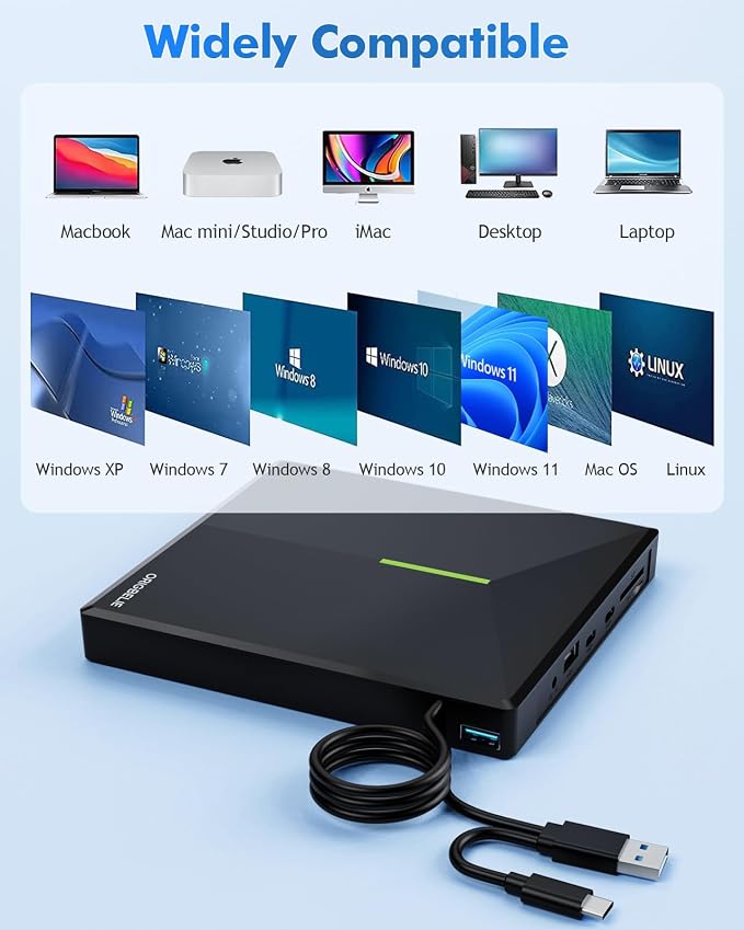 ORIGBELIE External CD DVD Drive, 4 USB & 2 TF/SD Card Ports & Carrying Case | USB C 3.0 Optical Disk Drive, Portable CD/DVD Player Burner Reader Writer for Laptop MacBook Desktop PC Windows Linux Mac OS