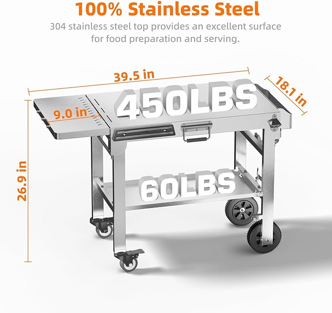 Electactic Food Grade 304 Stainless Steel BBQ Grill Carts fits 22'' Tabletop Griddle, Outdoor grill Table with 4 Foldable Legs, Portable Grill Stand for RV, Camping, Tailgating