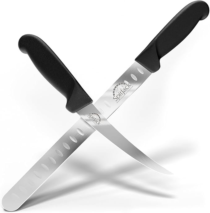 SPITJACK Smoked BBQ 6 Inch Curved Beef Brisket Trimming and Boning Knife and 11" Meat Slicing Knife Bundle. Stainless Steel.