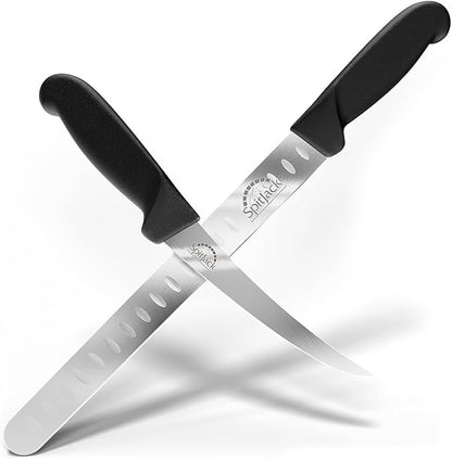 SPITJACK Smoked BBQ 6 Inch Curved Beef Brisket Trimming and Boning Knife and 11" Meat Slicing Knife Bundle. Stainless Steel.