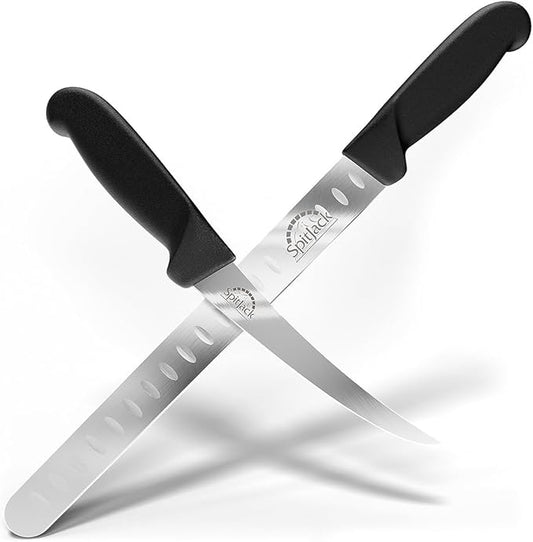 SPITJACK Smoked BBQ 6 Inch Curved Beef Brisket Trimming and Boning Knife and 11" Meat Slicing Knife Bundle. Stainless Steel.