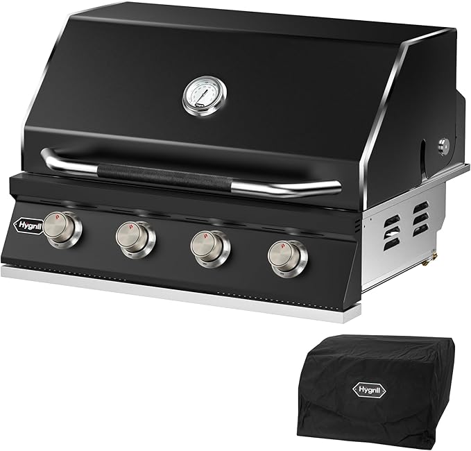 Hygrill STD Series 32-Inch Built In Grill for Liquid Propane, Stainless Steel Outdoor Kitchen 4-Burner Grill Head, Black
