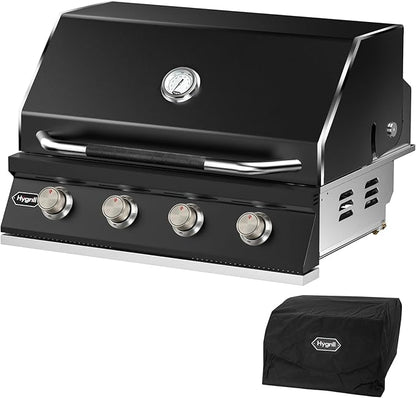Hygrill STD Series 32-Inch Built In Grill for Liquid Propane, Stainless Steel Outdoor Kitchen 4-Burner Grill Head, Black