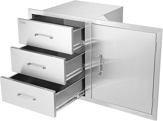 Vevor Outdoor Kitchen Door Drawer Combo 38.1''W x 22.6''H x 20.8''D, BBQ Access Door/Triple Drawers Combo with Stainless Steel Handles, Perfect for BBQ Island Patio Grill Station