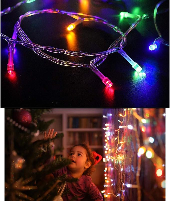 33FT 100 LED Multicolor Christmas Fairy Twinkle String Lights Indoor | 8 Modes with Memory, Connectable, IP65 Waterproof, Transparent Wire, Up to 5 Sets, Widely use for Classroom, Bedroom, dorm