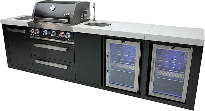 Mont Alpi Premium 120"W x 23"D Stainless Steel Modular Outdoor Kitchen Island + 2 Refrigerators + Beverage Center Faucet & Sink + 32"W 4-Burner BBQ Gas Grill + Granite Countertops + Storage + Cover