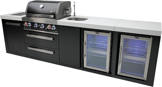 Mont Alpi Premium 120"W x 23"D Stainless Steel Modular Outdoor Kitchen Island + 2 Refrigerators + Beverage Center Faucet & Sink + 32"W 4-Burner BBQ Gas Grill + Granite Countertops + Storage + Cover