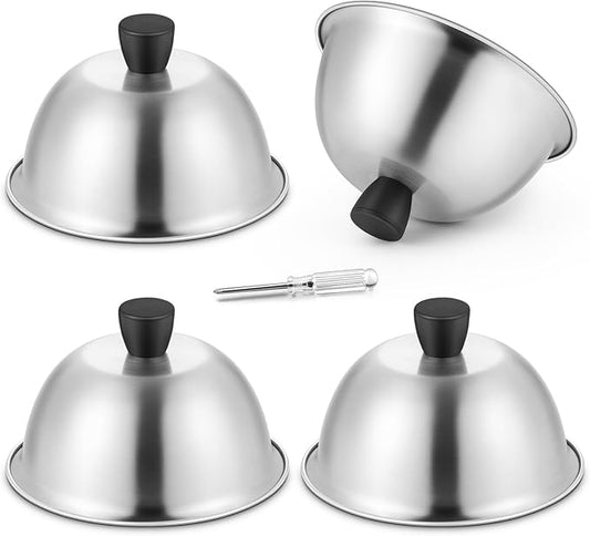 HaSteeL 6 Inch Basting Cover, Stainless Steel Melting Dome Set of 4, Small Metal Steaming Cover Grill Lid for Cheese Burger, Ideal for Indoor & Outdoor Flat Top Griddle Teppanyaki, Dishwasher Safe