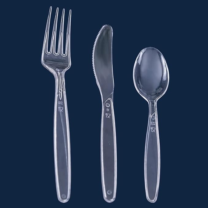 Party Bargains Disposable Cutlery set, Color: Clear Sapphire, Count: 720 Pcs: 120 Knives, 240 Spoons, 360 Forks