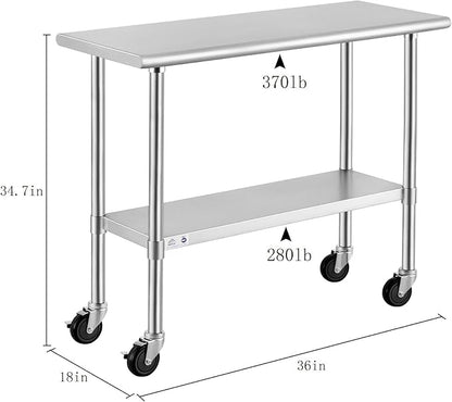 ROCKPOINT Stainless Steel Table for Prep & Work with Caster Wheels 18x36 Inches, NSF Metal Commercial Kitchen Heavy Duty Table with Adjustable Under Shelf and Table Foot for Restaurant, Home and Hotel