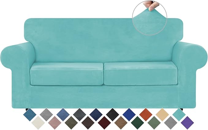 WEERRW Velvet Stretch 3 Pieces Couch Cover for Sofa Washable, Aqua | Love Seat Couch Covers for 2 Cushion Couch Sofa Furniture Protector slipcoves with Elastic Bottom for Kids, Medium