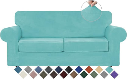 WEERRW Velvet Stretch 3 Pieces Couch Cover for Sofa Washable, Aqua | Love Seat Couch Covers for 2 Cushion Couch Sofa Furniture Protector slipcoves with Elastic Bottom for Kids, Medium
