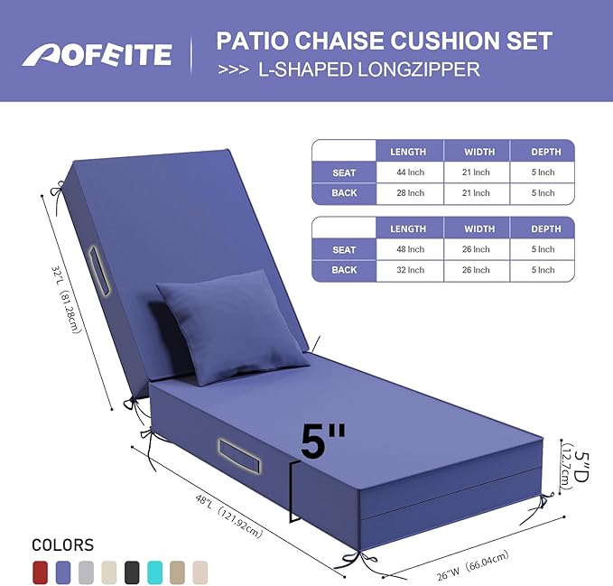 Outdoor Water-Resistant Olefin Chaise Lounge Cushions with Pillow, Weather and Fade Resistant Patio Furniture Lounge Chair Cushion Ideal for Patio, Lawn, Garden, Dark Blue, 80"L x 26"W x 5"T