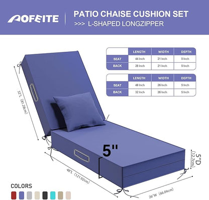 Outdoor Water-Resistant Olefin Chaise Lounge Cushions with Pillow, Weather and Fade Resistant Patio Furniture Lounge Chair Cushion Ideal for Patio, Lawn, Garden, Dark Blue, 80"L x 26"W x 5"T