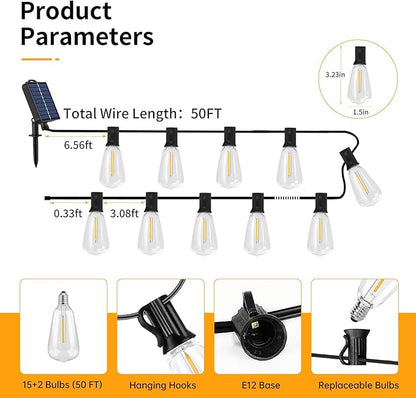 50FT Solar String Lights Outdoor Waterproof, 15+2 Shatterproof with Edison Bulbs,Solar Powered Outdoor Lights with Remote, LED String SolarLights for Garden, Backyard, Parties