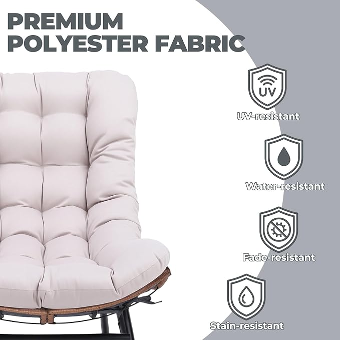 COMHOMA Outdoor Rocking Papasan Chair, Oversized Wicker Patio Rocker, Indoor Comfy Wicker Reading Lounge, Bed-Like Comfort Egg Chair for Bedroom,Balcony, Porch, Garden, Beige