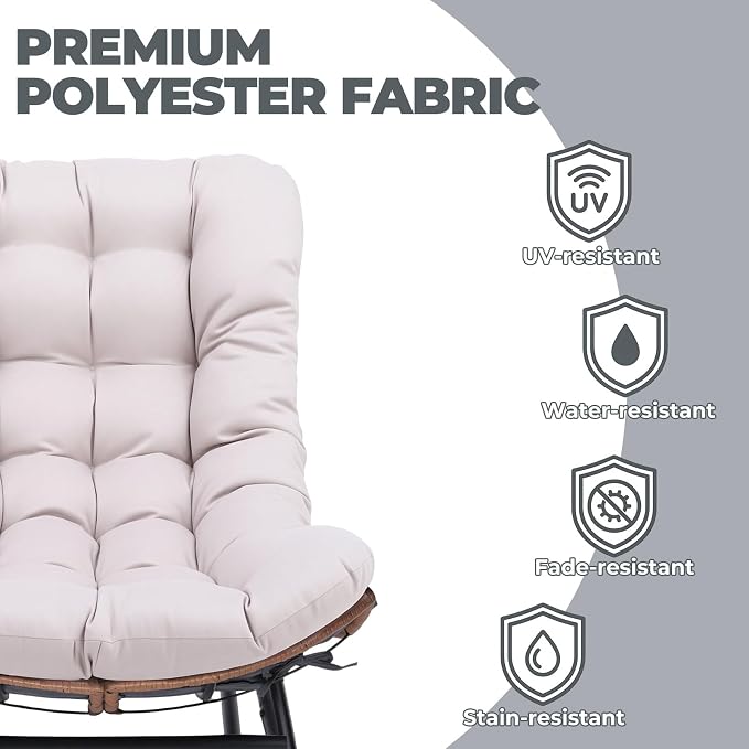 COMHOMA Outdoor Rocking Papasan Chair, Oversized Wicker Patio Rocker, Indoor Comfy Wicker Reading Lounge, Bed-Like Comfort Egg Chair for Bedroom,Balcony, Porch, Garden, Beige