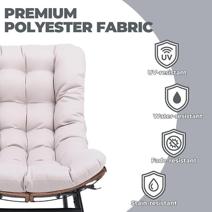 COMHOMA Outdoor Rocking Papasan Chair, Oversized Wicker Patio Rocker, Indoor Comfy Wicker Reading Lounge, Bed-Like Comfort Egg Chair for Bedroom,Balcony, Porch, Garden, Beige