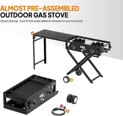 ROVSUN 2 Burner Foldable Gas Stove with Side Table, 150,000 BTU Portable Propane Stove with Ignition & Regulator for Camping Home Backyard Cooking Brewing Canning Turkey Frying
