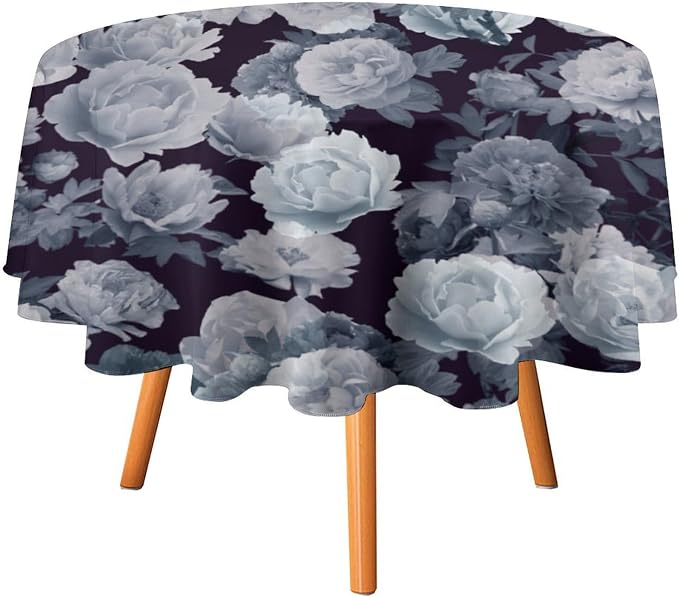 Vintage Florals Round Tablecloth, Gothic Black Garden Peonies Flowers Rustic Roses Boho Botanical Plant Water Resistant Wipeable Table Cover for Picnic Party Holiday Kitchen Dinner Table 36"