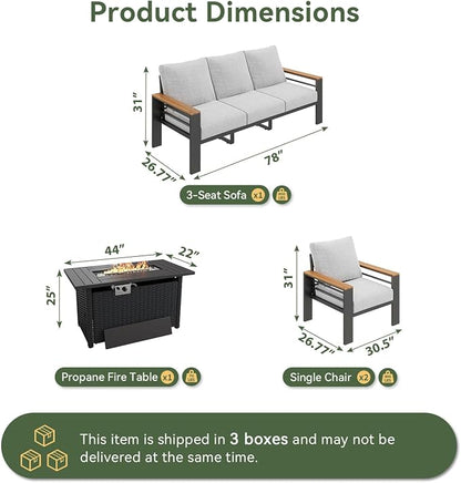 Aoxun Patio Furniture Set, Aluminum Patio Set with Fire Pit Table and 5" Thicken & Washable Cushion, Waterproof Outdoor Furniture, Outdoor Couch Sectional for Backyard (5 Seats/F, Grey)
