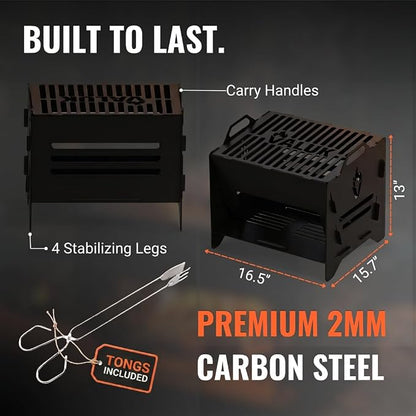 Portable Charcoal Grill – Small Camping Grill, Foldable Carbon Steel Collapsible Tabletop for Outdoor Cooking, Side Coal Slot, Carry Bag & Tong, Compact Fire Pit, BBQ Ready, Picnic & Motorhome