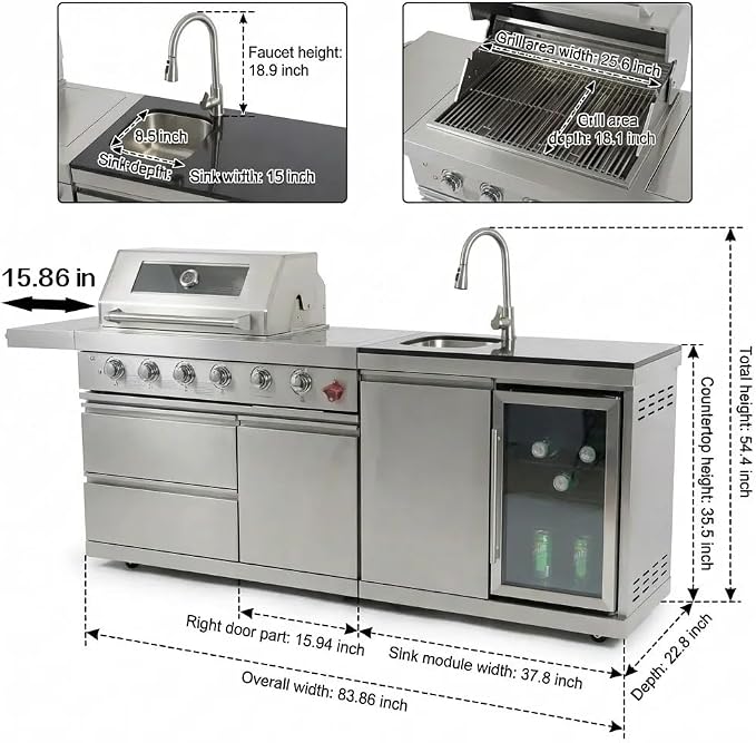 84 Inch Outdoor Kitchen Island, 6 Burner 75300 BTU Deluxe Stainless Steel Gas Grill Bar Island with Stainless steel Sink Wine Cooler Refrigerator, Granite Countertops, Rotisserie kit (Silver)