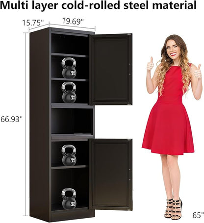 67" H Metal Tall Narrow Storage Cabinet, Freestanding Floor Cabinet with 2 Doors and Adjustable Shelves, Pantry Storage Cabinets for Bathroom, Living Room, Entryway and Kitchen (Black)