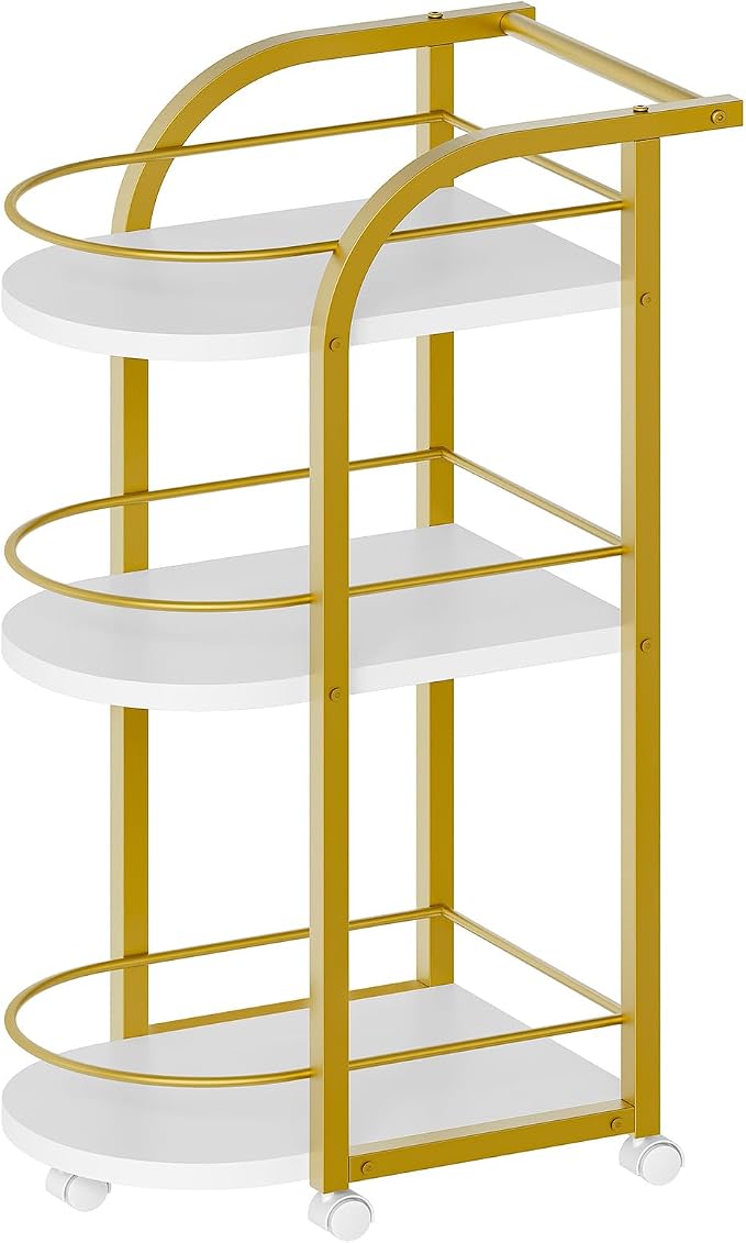 3-Tier Bar Cart, Home Bar Serving Cart with Fence and Wheels, for Dining Room, Living Room, Garden, Party, White and Gold BC06DW