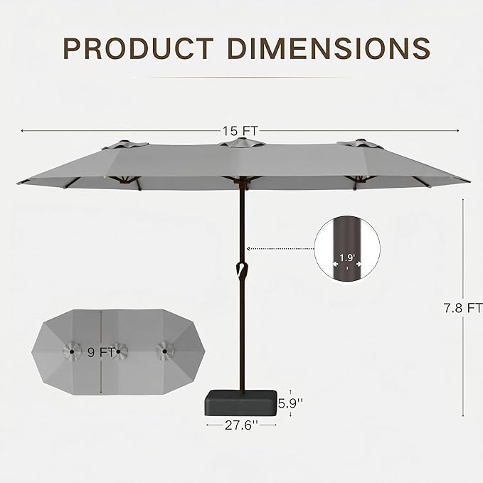 Kingdura 15ft Large Patio Umbrella with Base Included, Double-Sided Rectangle Outdoor Table Umbrella with 12 Reinforced Ribs, Crank Lift for Market Pool Deck Backyard, Light grey