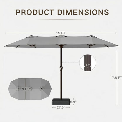 Kingdura 15ft Large Patio Umbrella with Base Included, Double-Sided Rectangle Outdoor Table Umbrella with 12 Reinforced Ribs, Crank Lift for Market Pool Deck Backyard, Light grey