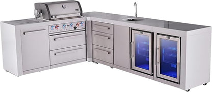 Mont Alpi Premium 82"W x 113"D x 46"H Deluxe L-shaped Modular Stainless Steel Outdoor Kitchen Island with 2 Refrigerators + 32"W 4-Burner BBQ Gas Grill + Faucet & Sink + Storage + Granite Countertops