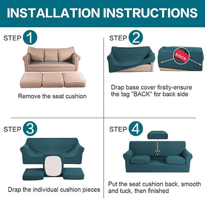Turquoize 4 Piece Sofa Covers for 3 Cushion Couch Sofa Slipcover Soft Couch Cover for Dogs-Washable Sofa Furniture Covers with 3 Individual Cushion Covers, Jacquard Fabric (3 Cushion Sofa, Deep Teal)