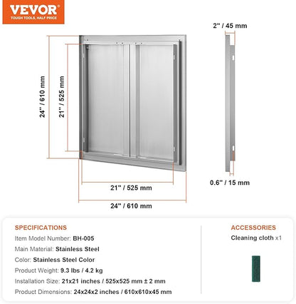 VEVOR BBQ Access Door, 24W x 24H Inch Double Outdoor Kitchen Door, Stainless Steel Flush Mount Door, Wall Vertical Door with Recessed Handles, for BBQ Island, Grilling Station, Outside Cabinet