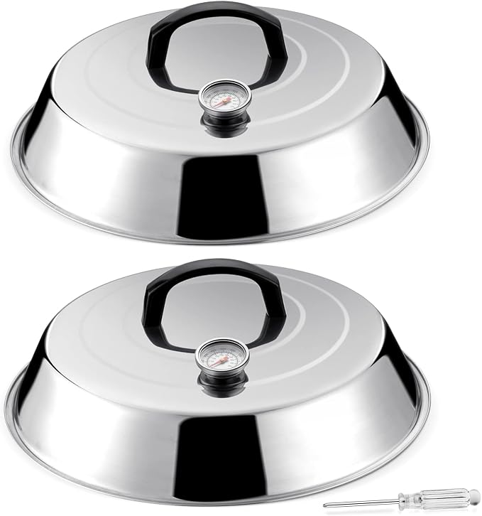 HaSteeL 12Inch Melting Dome for Griddle, Stainless Steel Basting Cover with Thermometer, Large Round Steaming Cover Lid for Flat Top Teppanyaki BBQ Camping Cooking Grilling, Indoor & Outdoor (2 Piece)